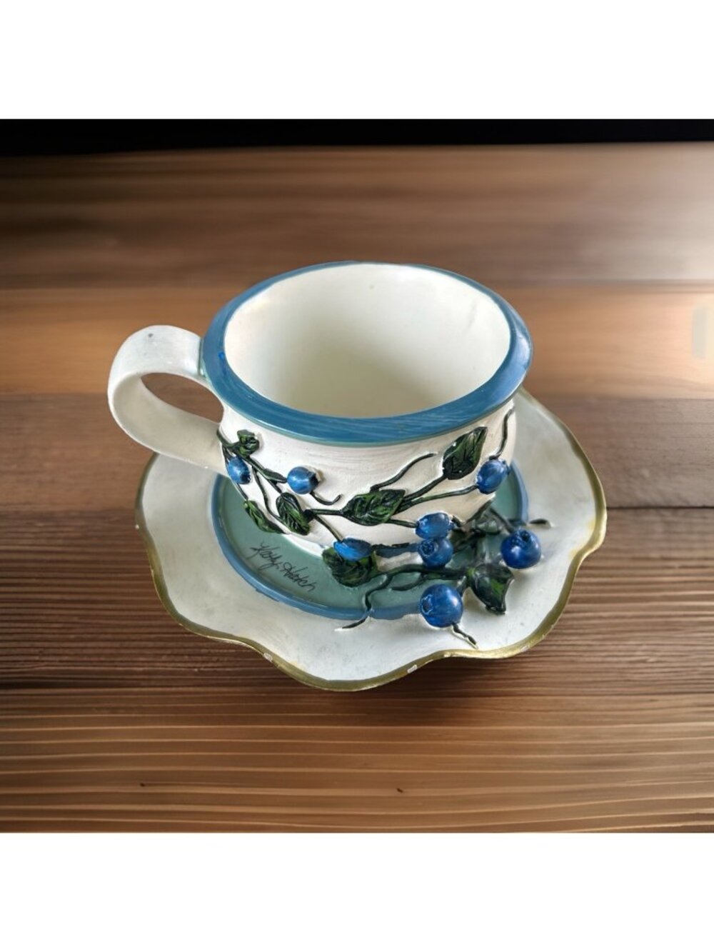 Kathy Hatch Ceramic Teacup With Blueberries Planter/ Feeder
